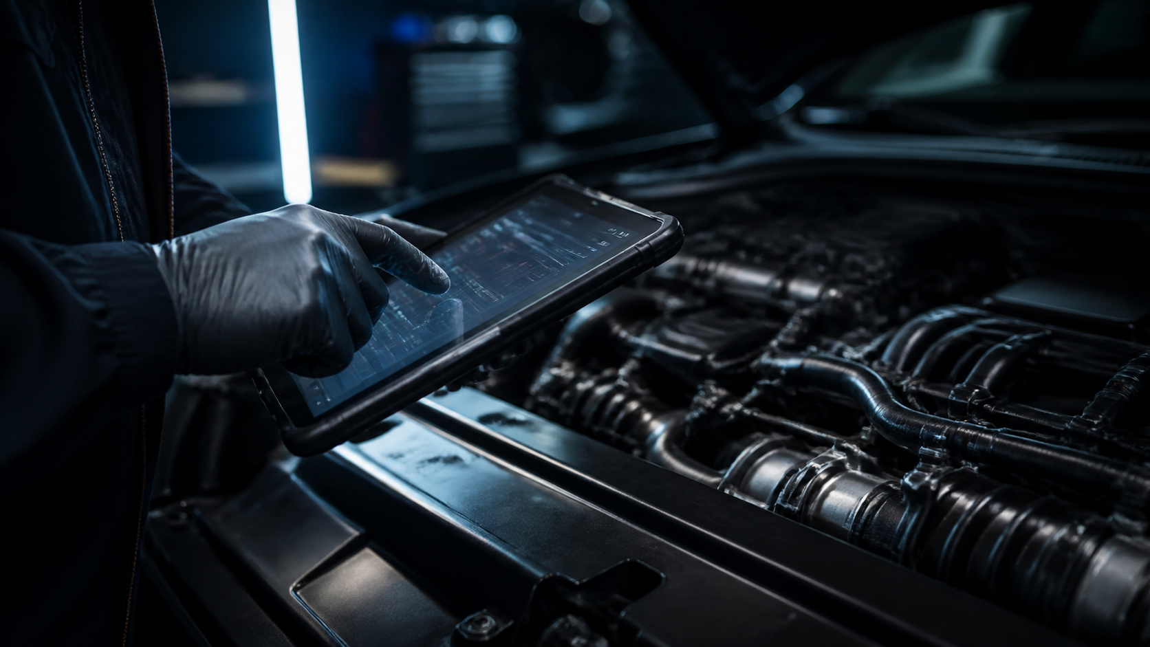 Technician using a diagnostic tablet beside an engine bay